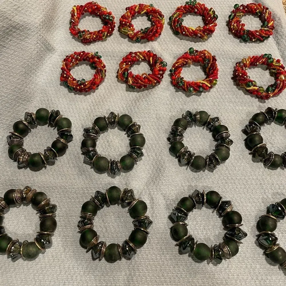 Green Glass Silver Wire Napkin Rings Red Orange Glass Beads Napkin Rings 16 TTL